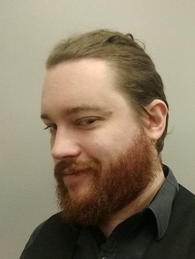 Auto-portrait : personne ayant la trentaine avec une barbe et des cheveux longs attachés
